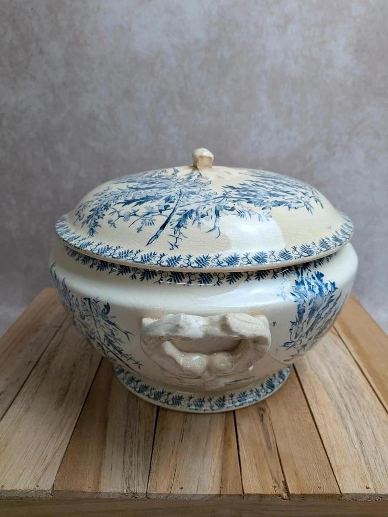 Sopera antigua de terracota Gien – Modelo Helecho – Decoración azul – photo 5
